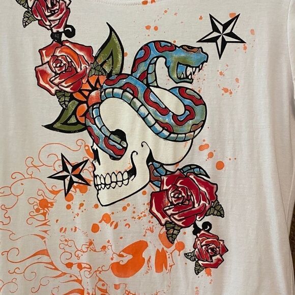 Crystal Mongkey XL* White Red Gypsy Rose Sugar Skull Skelton T-Shirt - Picture 4 of 6